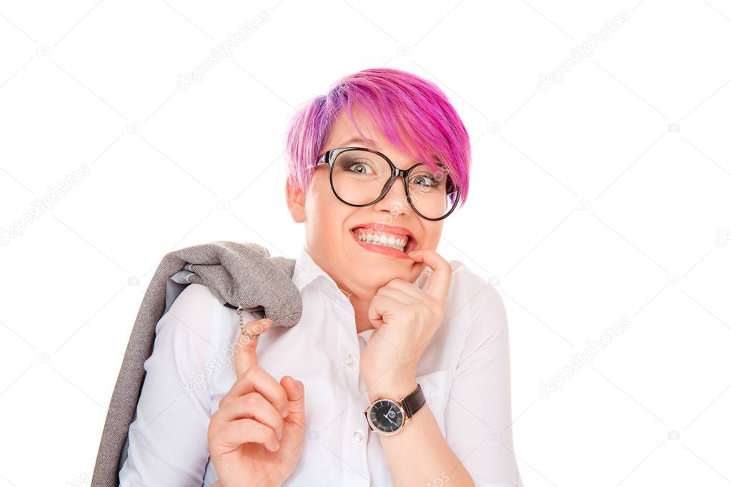 Closeup portrait nervous stressed young woman girl in glasses student biting fingernails looking anxiously craving something isolated on white background. Doctor lady evil plotting something concept.