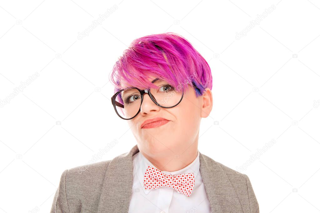 Funny skeptical Closeup portrait doubtful grumpy annoyed young businesswoman employee customer having doubts looking at you camera white background Human face expression emotion attitude body language