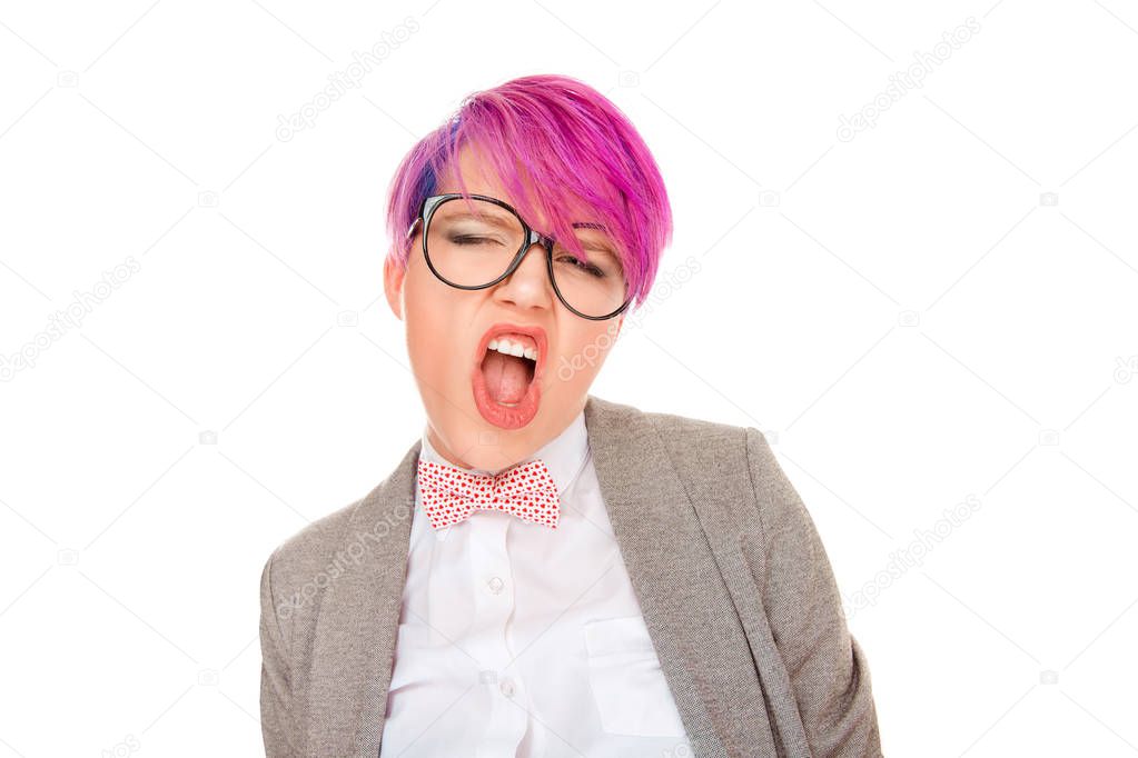 No! Studio shot of beautiful woman with pink short hair against white background yelling looking at you camera. Bullish millennial girl screaming. Negative facial expressions human face emotions.