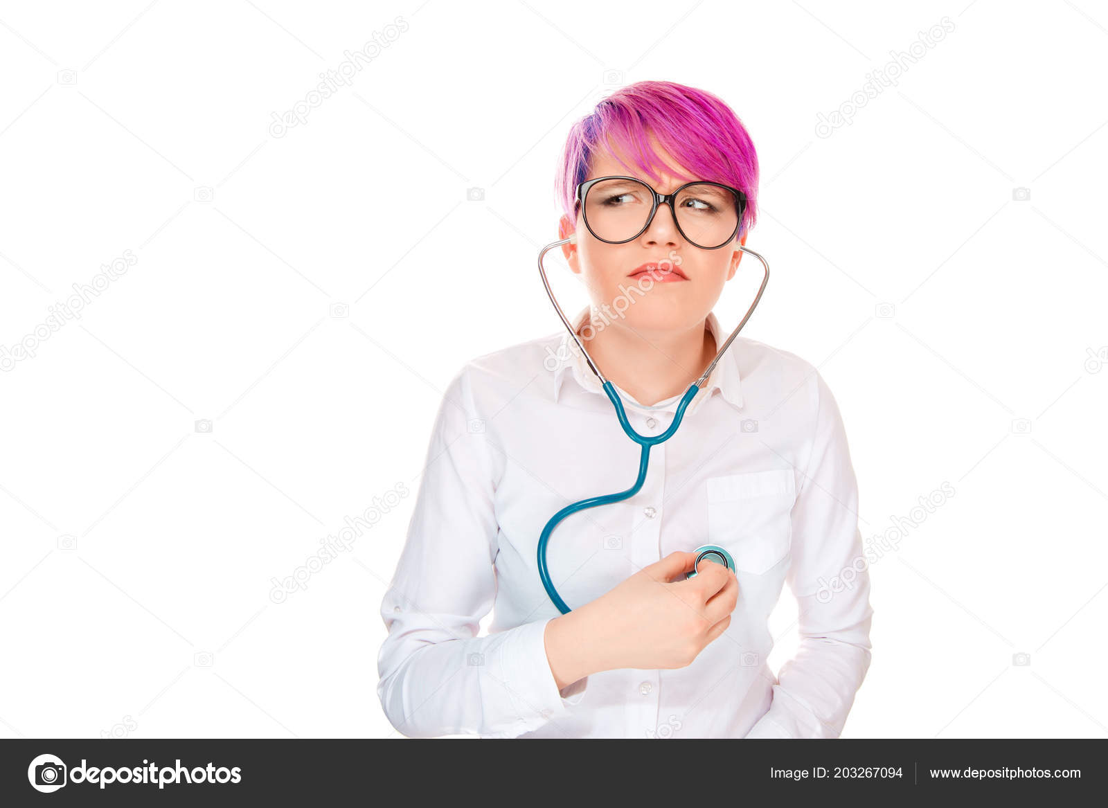 Young Expressive Millennial Woman Short Hair Pink Dye Listening