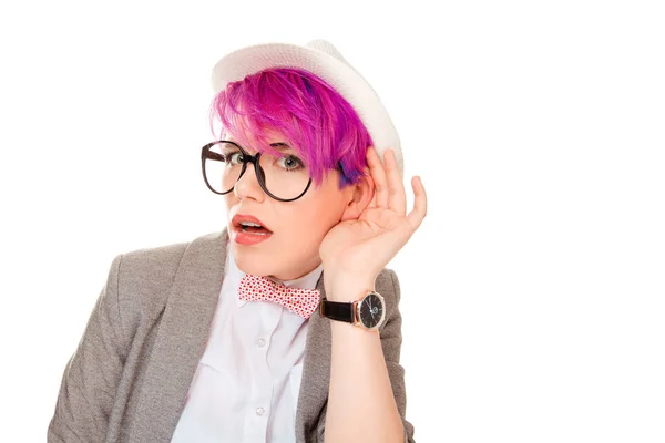 Stylish Millennial Woman Hat Glasses Looking Camera Curiosity Listening Gossips — Stock Photo, Image