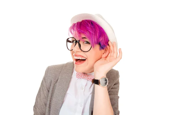 Cheerful Trendy Millennial Woman Pink Colorful Hairstyle Holding Hand Ear — Stock Photo, Image