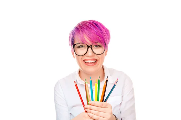 Excited Bright Woman Pink Short Hairstyle Wearing Glasses White Shirt — Stock Photo, Image