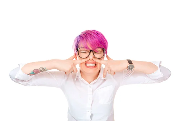 Emotional Woman White Shirt Glasses Holding Nose Screwing Eyes Unbearable — Stock Photo, Image