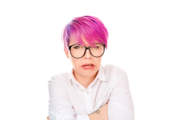 Young Expressive Millennial Woman Pink Hair Holding Hands Crossed Crying — Stock Photo, Image