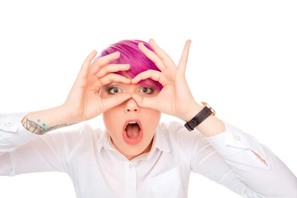 Impressed Millennial Woman Pink Hair Holding Hands Eyes Making Binocular — Stock Photo, Image