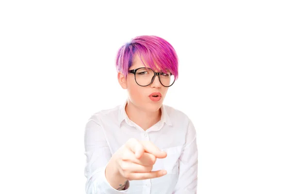 Young Woman Pink Hair Wearing Glasses Pointing Camera Blaming Looking — Stock Photo, Image