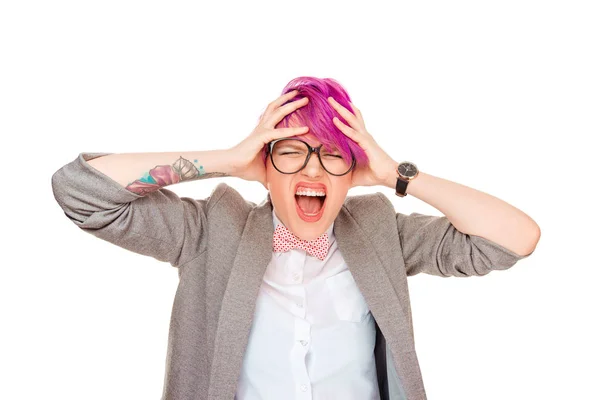 Mujer Adulta Joven Con Pelo Rosa Usando Gafas Tomados Mano — Foto de Stock