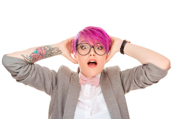 Millennial Woman Pink Hairstyle Holding Hands Head Looking Stunned Mouth — Stock Photo, Image