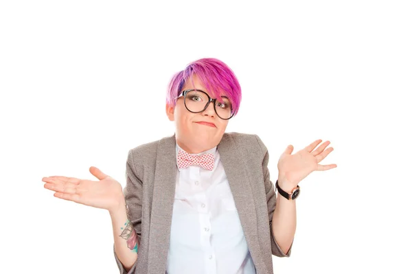 Young Millennial Woman Pink Hairstyle Shrugging Shoulders Looking Camera Deep — Stock Photo, Image