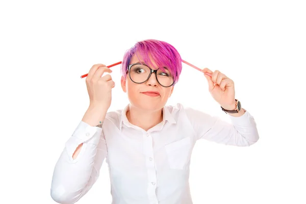 Crazy Painter Designer Beautiful Funny Looking Woman Holding Two Pencils — Stock Photo, Image