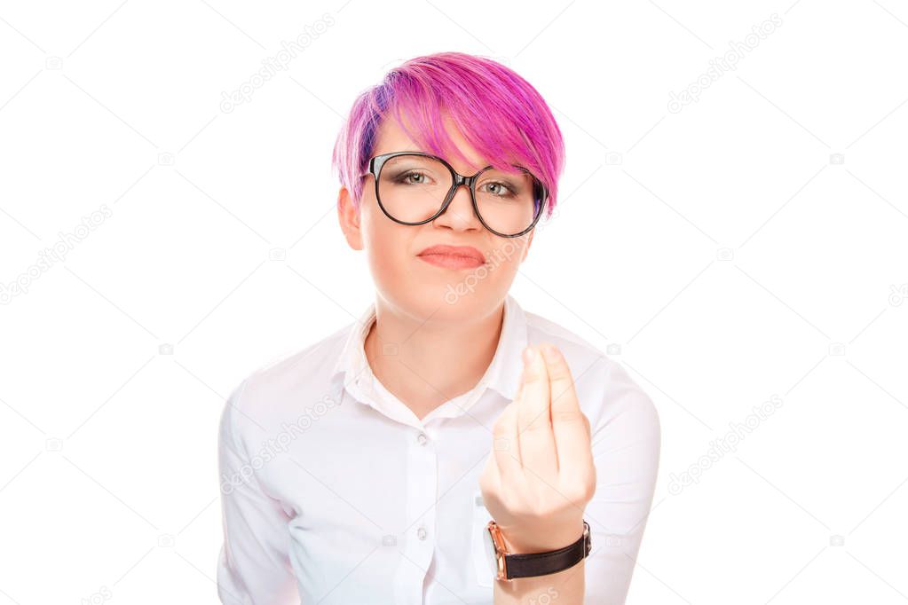 Portrait of a young girl young italian woman female with fingers together hand gesture asking What are you saying? Really? No way! Are you crazy? isolated on white background negative face expression