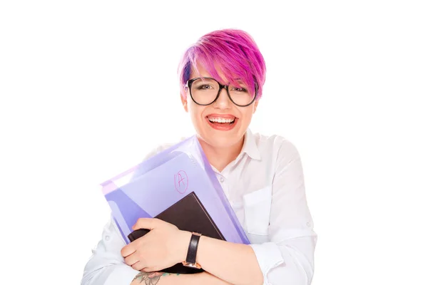 Retrato Joven Feliz Estudiante Sonriente Mujer Con Carpeta Libros Con — Foto de Stock