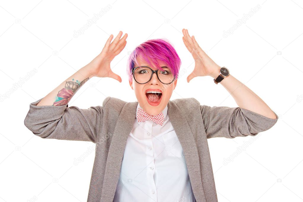 Shock. Closeup portrait stressed, frustrated shocked business woman hands in air yelling screaming temper tantrum isolated white background. Negative human emotion facial expression reaction attitude.