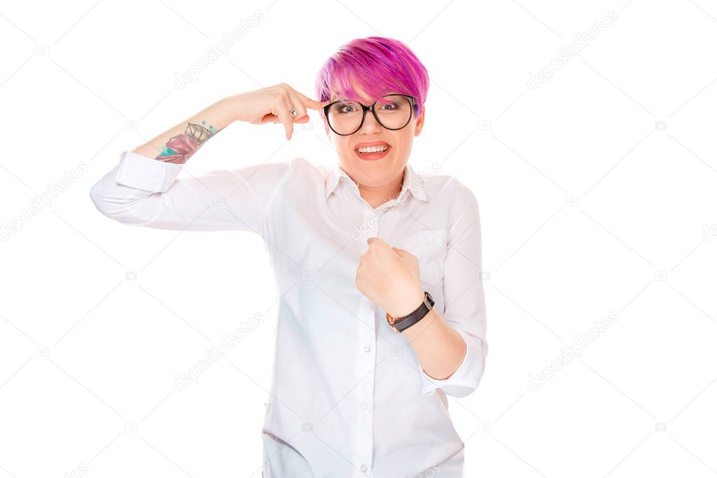 Me Crazy? Frustrated woman gesturing with finger against temple and other hand pointing at her self looking at camera telling Am I crazy Isolated white background Negative emotion face expressio