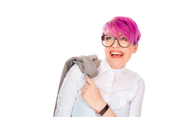 Jovem Mulher Moda Com Penteado Rosa Curto Usando Óculos Jaqueta — Fotografia de Stock