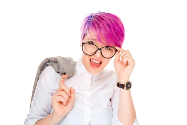 Young Millennial Rebel Woman Short Pink Dyed Hair Looking Camera — Stock Photo, Image