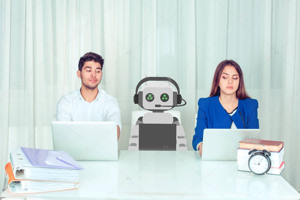 Skeptical corporate employees at work looking at robot colleague with skepticism and jealousy while cyborg is working. People vs robot at work