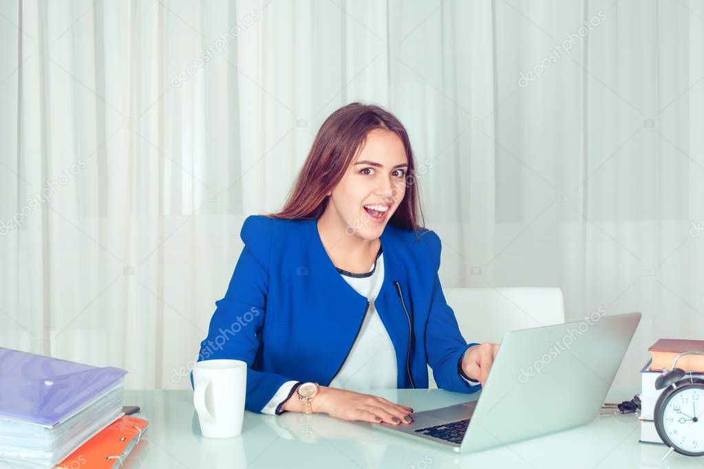 Woman working on computer ready press escape, delete enter button isolated white green office background. Funny funky crazy looking girl excited what she see on laptop screen browsing internet. Face expression emotion