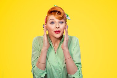 I wish I hope I win. Portrait excited hopeful pretty woman pinup girl retro vintage style hands in air hoping asking for best isolated yellow  background Positive face expression emotion body language clipart