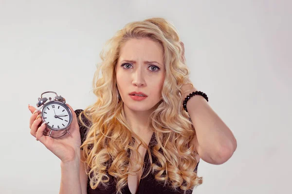 Running Late Portrait Young Blonde Worried Woman Holding Alarm Clock — Stock Photo, Image