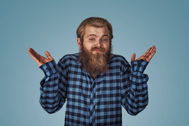 Cehalet ve kibir. Yani ne umurunda omuzlarında shrugging genç adam. Mavi Kareli sakallı hippi erkek forması mavi stüdyo arka plan Isolated damalı. Negatif yüz ifadesi, duygu.