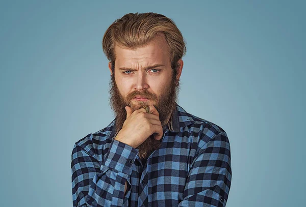 Frowning Man Thinking Expressing Doubts Concerns Hipster Male Beard Blue — Stock Photo, Image