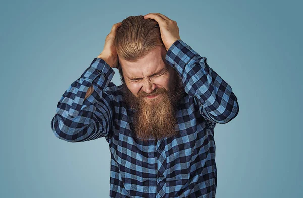 Homem Deprimido Com Uma Dor Cabeça Muito Forte Hipster Macho — Fotografia de Stock