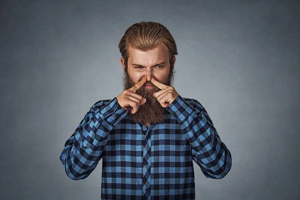 Man Pinches Nose Fingers Looks Disgust Something Stinks Bad Smell — Stock Photo, Image