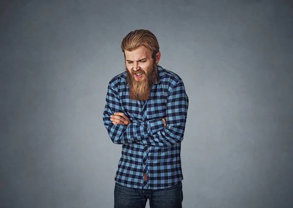 Young Man Stomach Pain Indigestion Hipster Male Beard Blue Plaid — Stock Photo, Image