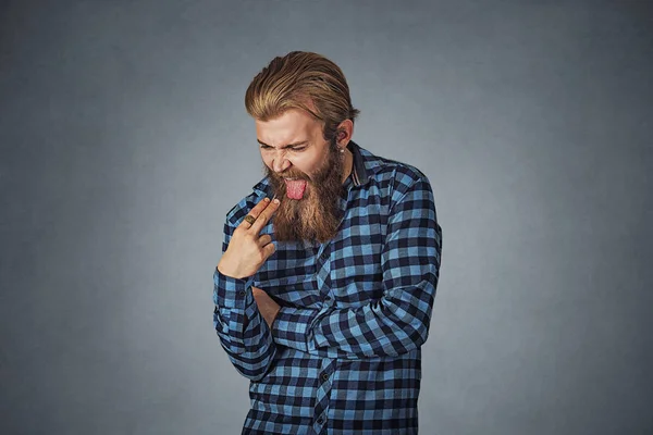 Disgusted Man Finger Mouth Displeased Wants Throw Hipster Male Beard — Stock Photo, Image