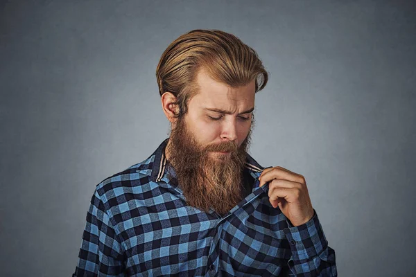 Man Awkward Situation Opening Shirt Vent Hipster Male Beard Blue — Stock Photo, Image