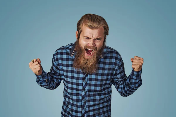 Hombre Que Tiene Crisis Nerviosa Hipster Macho Con Barba Camisa — Foto de Stock