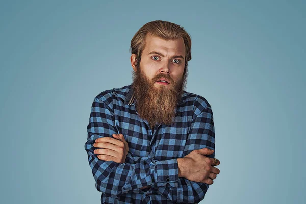 Portrait Shocked Young Man Full Disbelief Hipster Male Beard Blue — Stock Photo, Image