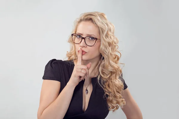 Modern Young Blond Woman Dress Glasses Holding Finger Lips Asking — Stock Photo, Image