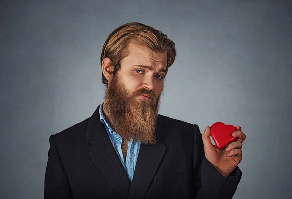 Triste Infeliz Cético Hipster Empresário Casaco Preto Camisa Azul Segurando — Fotografia de Stock