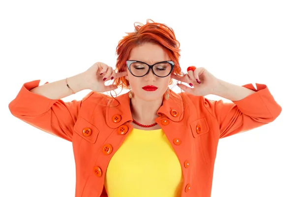 Headshot Beautiful Young Woman Covering Both Ears Her Fingers Hands — Stock Photo, Image