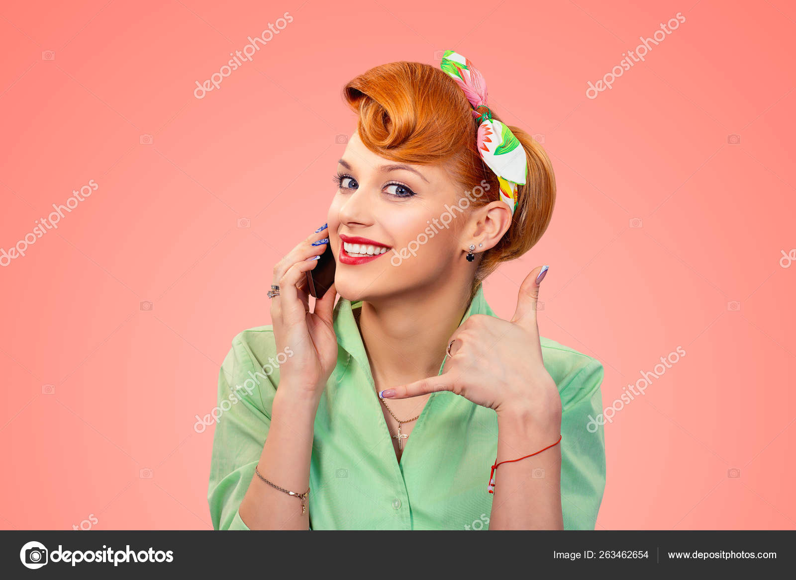 Call Me Pin Up Style Girl With Phone Stock Photo C Hbrh 263462654