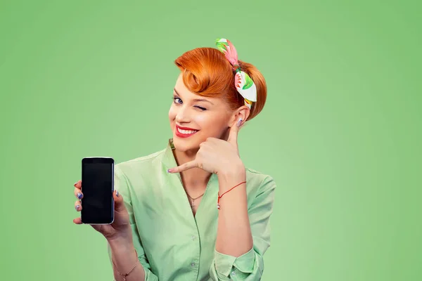 Call me sign. Pin up style girl with phone