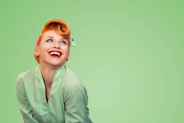 Pinup girl looking up lauging happy — Stock Photo, Image