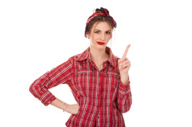 serious woman raising finger up gesturing a no sign clipart