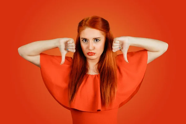 Pissed off woman, giving thumbs down gesture with hands — Stock Photo, Image
