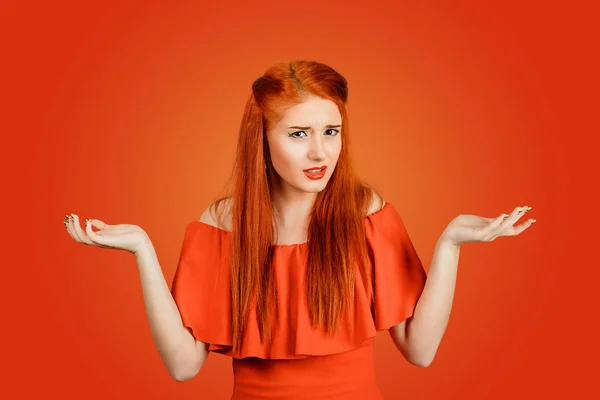 Portrait Annoyed Looking Woman Arms Out Shrugs Shoulders Who Cares — Stock Photo, Image