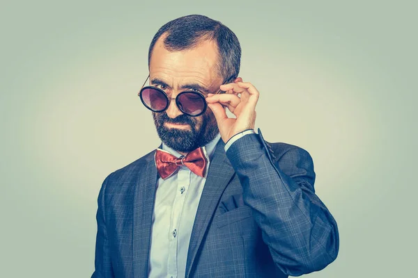 Skeptical Mature Middle Aged Man Holding Sunglasses Looking You Camera — Stock Photo, Image