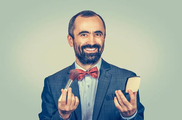 Funny Bearded Business Man Holding Brush Makeup Compact Loose Powder — Stock Photo, Image