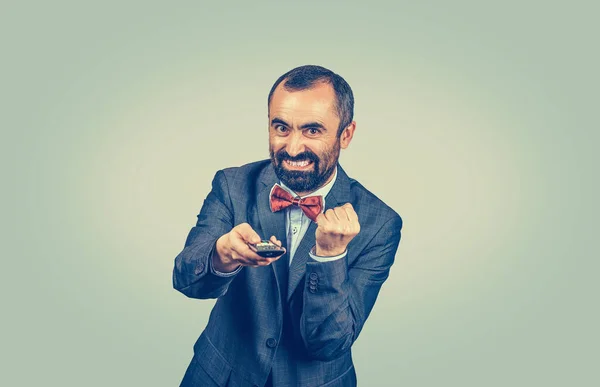 Homem Feliz Eufórico Adulto Terno Elegante Com Gravata Borboleta Vermelha — Fotografia de Stock