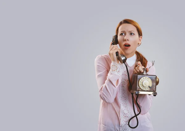 Confused Puzzled Young Woman Received Bad News Holding Phone Isolated — Stock Photo, Image