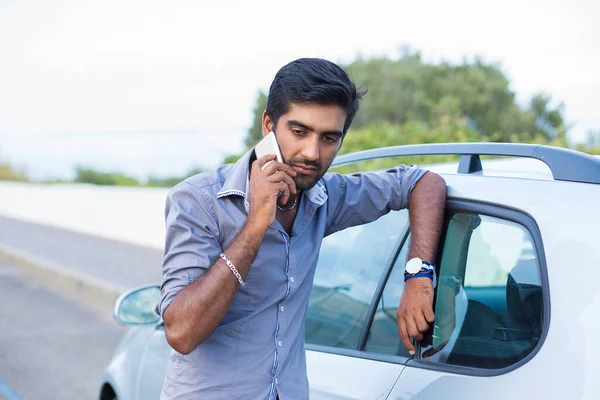 Man Talking Cell Phone Leaning Door His Car Angry Unhappy — Stock Photo, Image