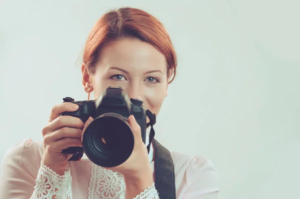 Photographer Closeup Portrait Head Shot Young Woman Lady Girl Taking — Stock Photo, Image