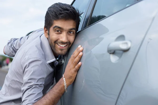 Content Stylish Indian Man Enjoying Petting His New Car Taking — Stock Photo, Image